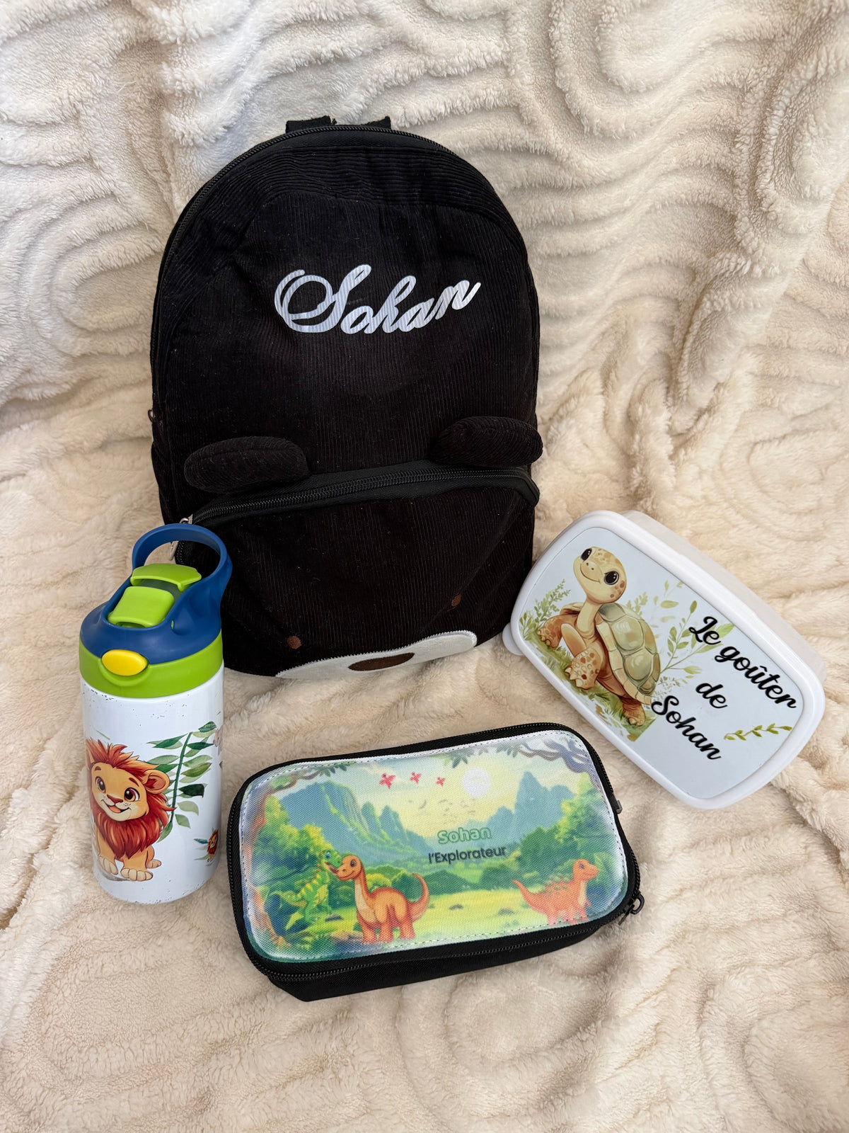 Pack rentrée complète enfant personnalisé – Sac, gourde, boîte à goûter & trousse