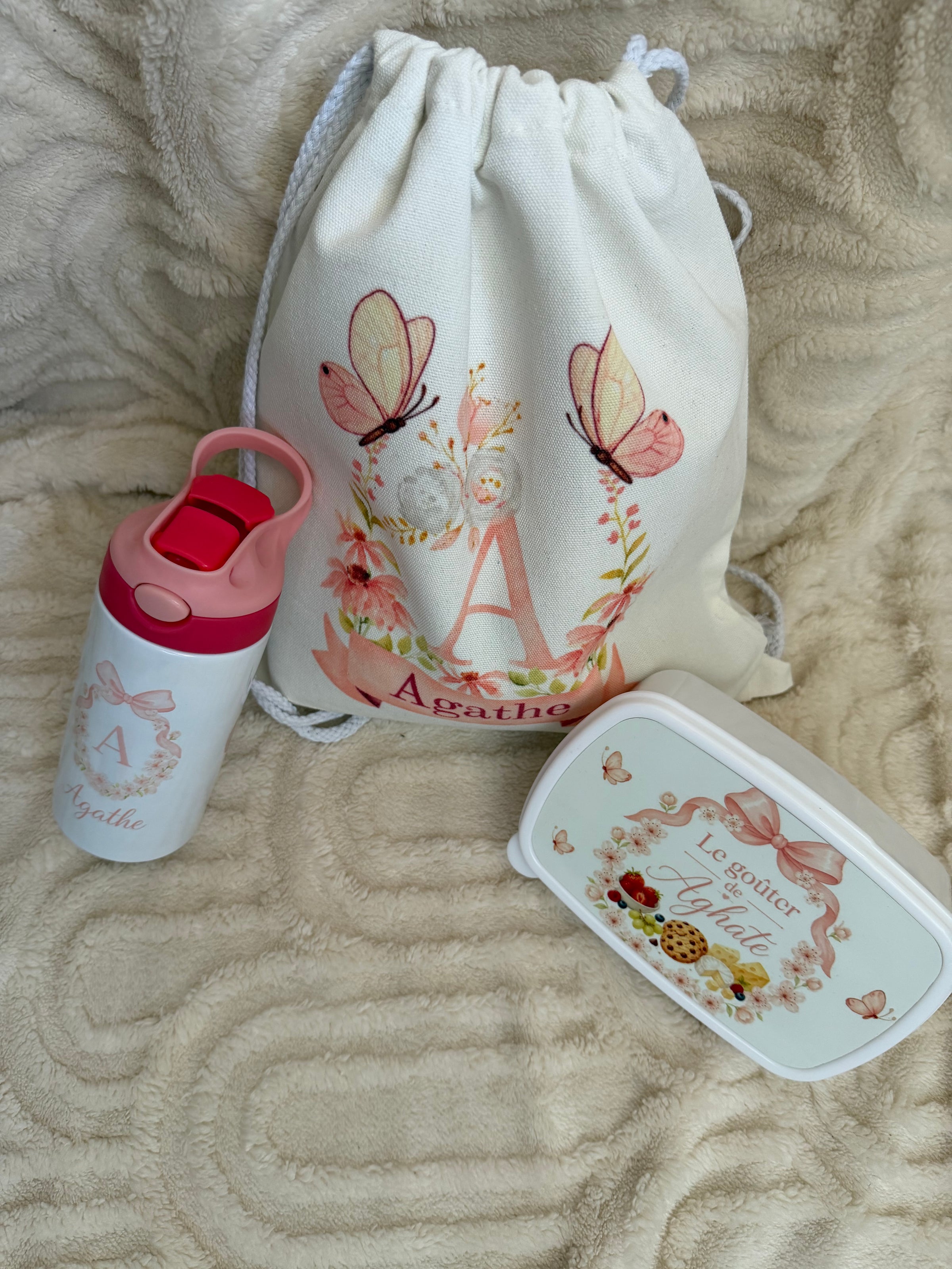 Pack activités enfant personnalisé – Sac à cordons, gourde & boîte à goûter