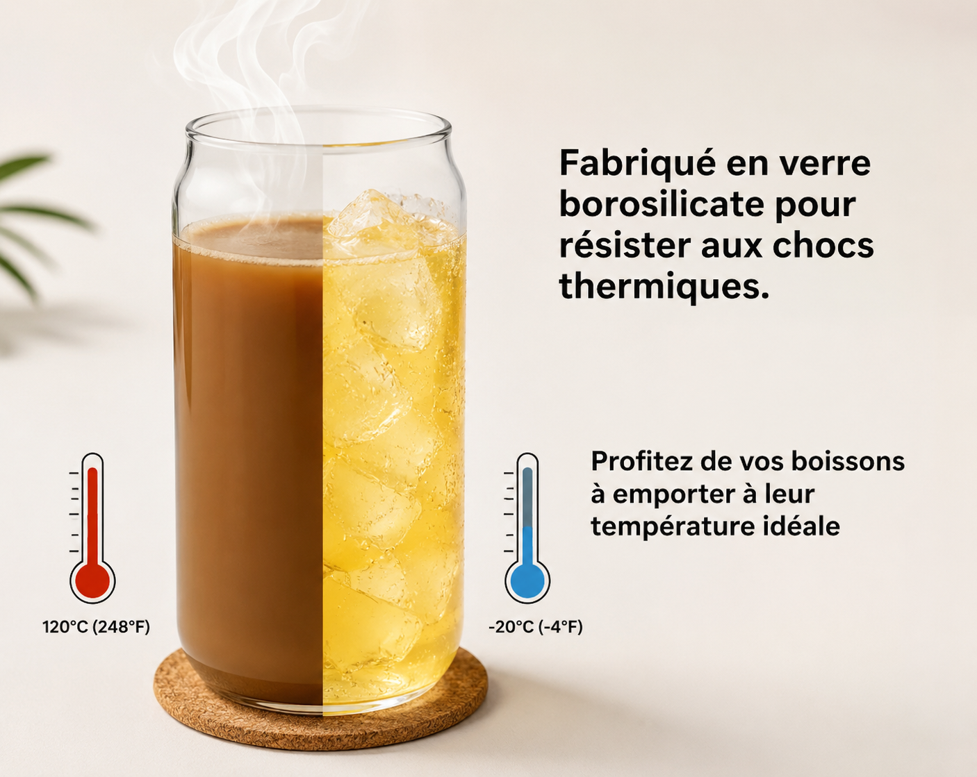 Tasse en Verre borosilicate Personnalisée avec paille- Verre iced coffee (couvercle bambou)