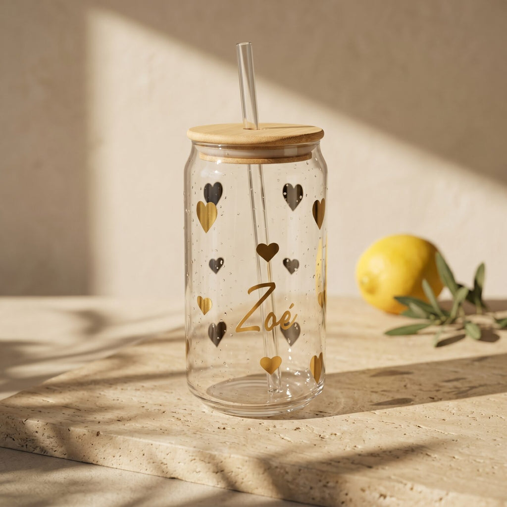 Tasse en Verre borosilicate Personnalisée avec paille- Verre iced coffee (couvercle bambou)