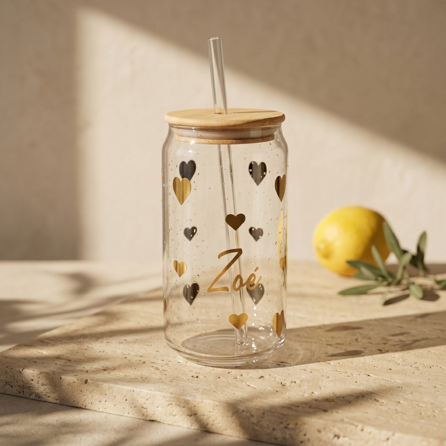 Tasse en Verre borosilicate Personnalisée avec paille- Verre iced coffee (couvercle bambou)