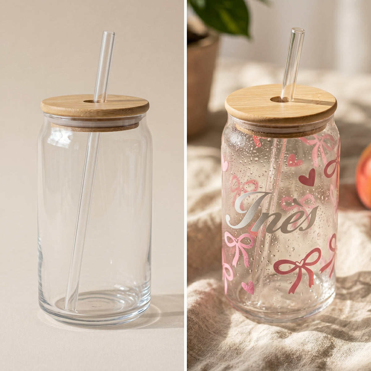 Tasse en Verre borosilicate Personnalisée avec paille- Verre iced coffee (couvercle bambou)