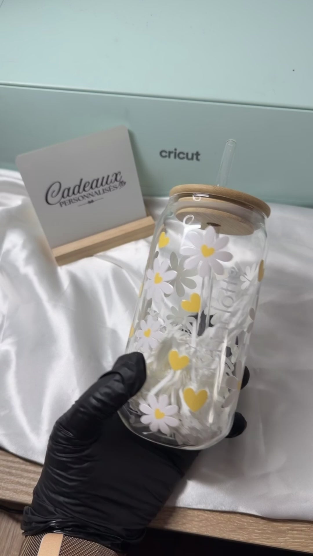 Tasse en Verre borosilicate Personnalisée avec paille- Verre iced coffee (couvercle bambou)