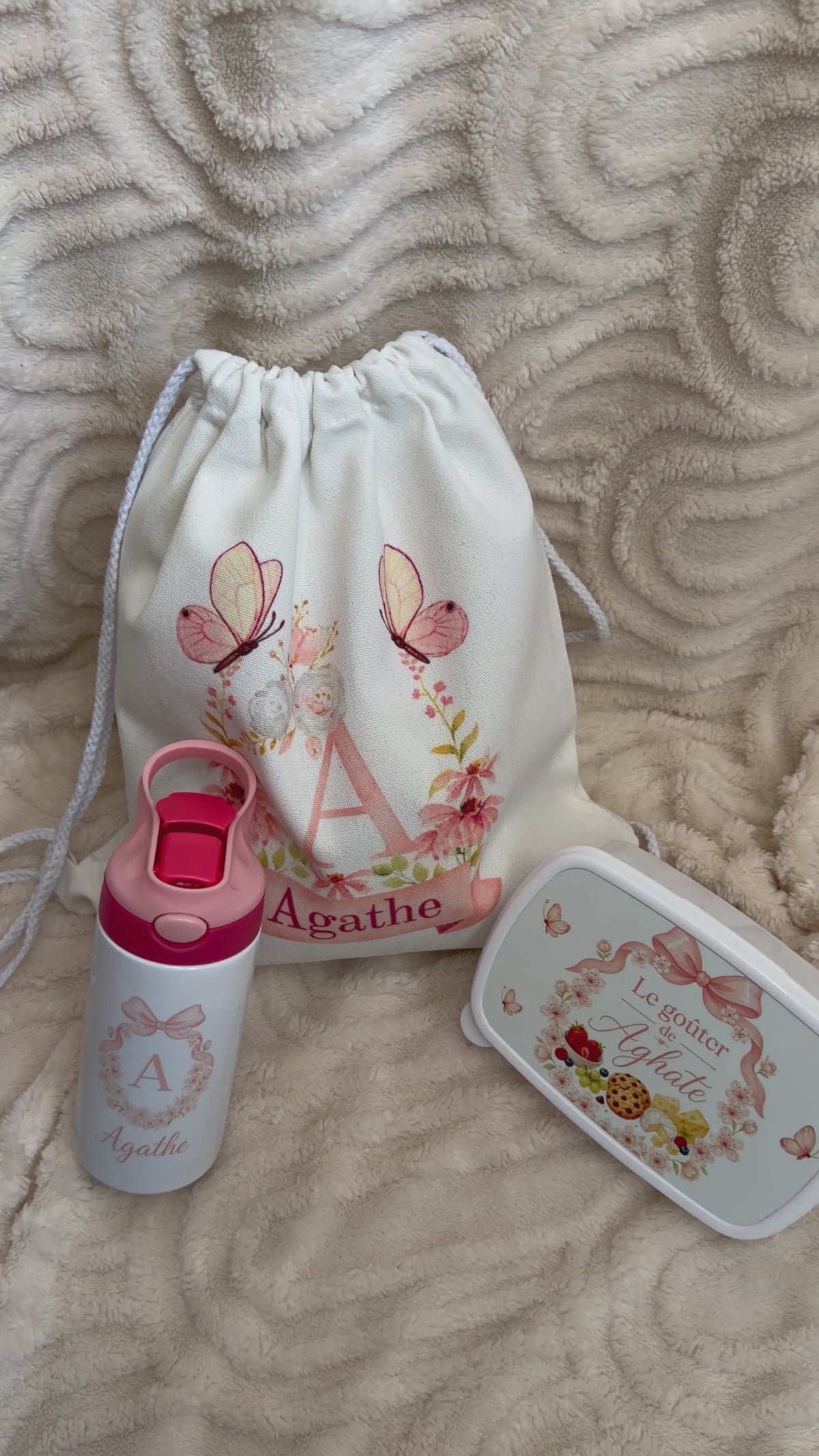 Pack activités enfant personnalisé – Sac à cordons, gourde & boîte à goûter