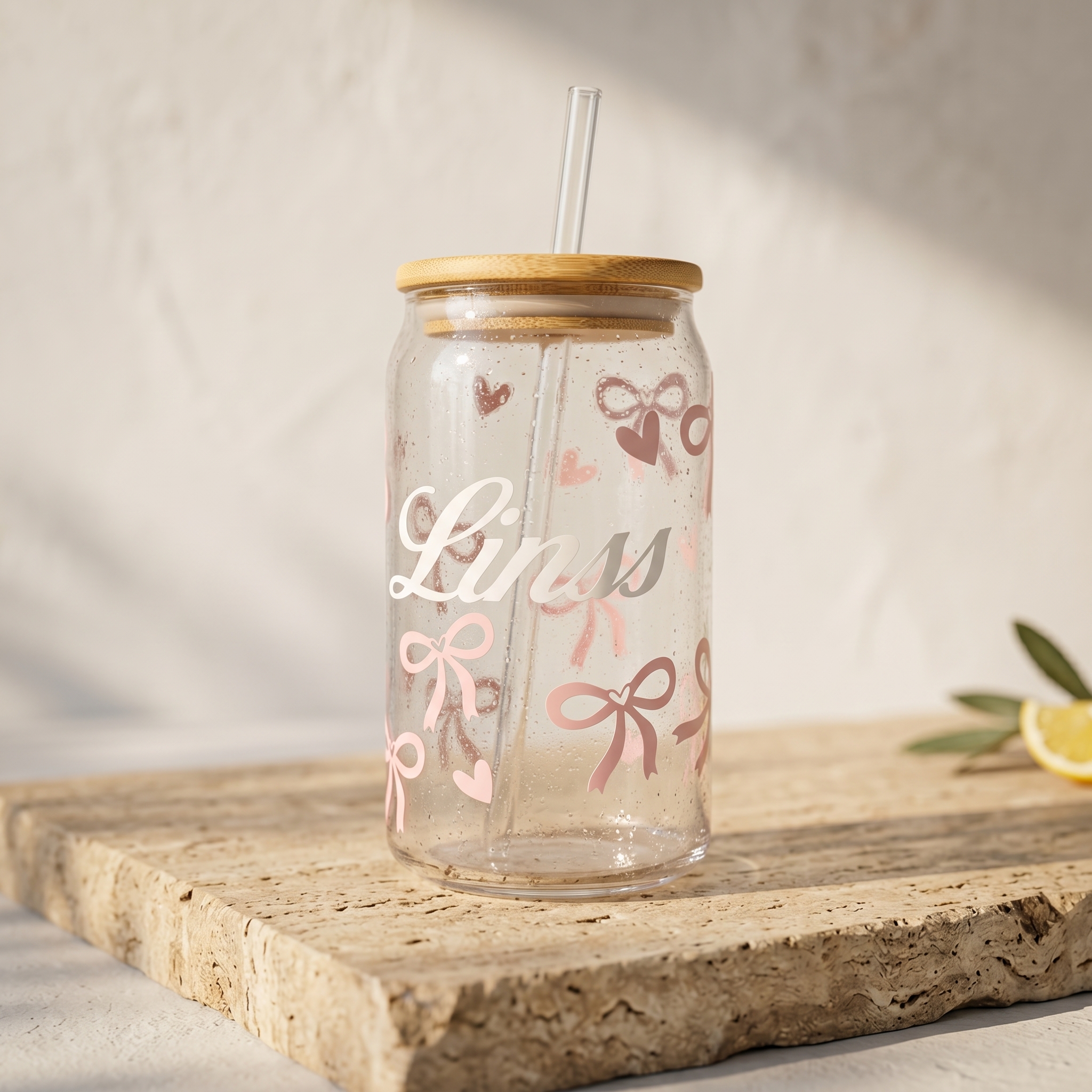 Tasse en Verre Personnalisée avec paille- Verre iced coffee (couvercle bambou) – Image 5