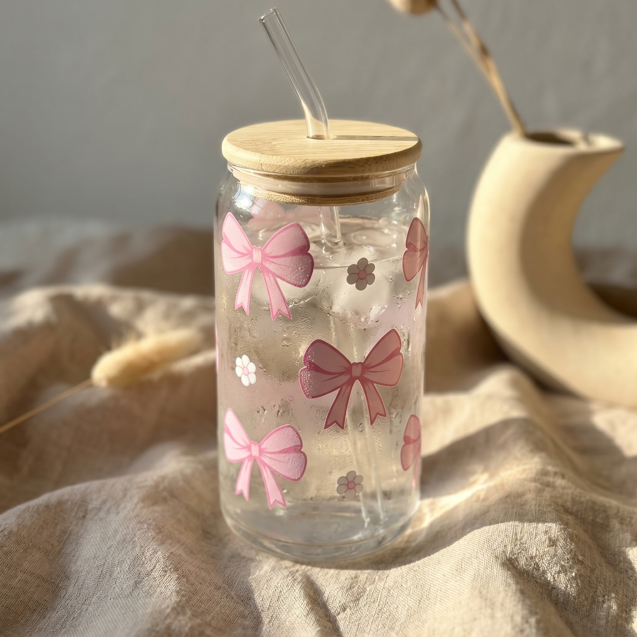 Tasse en Verre Personnalisée avec paille- Verre iced coffee (couvercle bambou) – Image 2