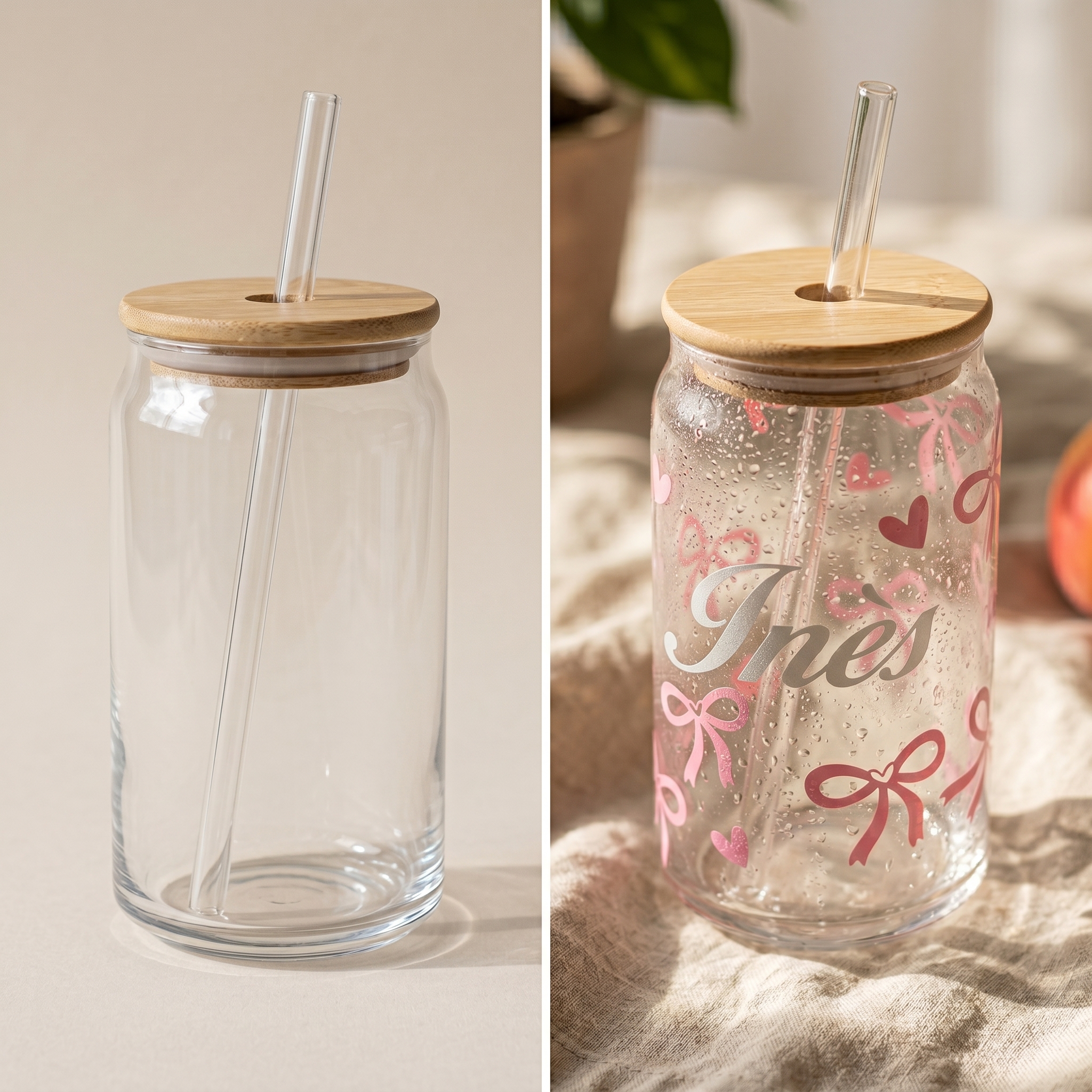 Tasse en Verre Personnalisée avec paille- Verre iced coffee  (couvercle bambou)