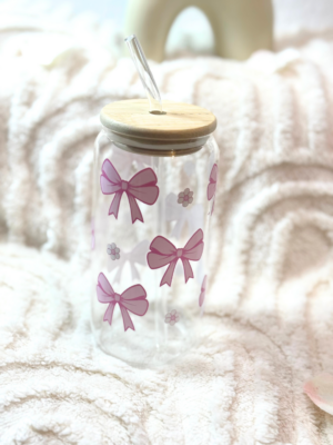 Tasse en Verre Personnalisée avec paille- Verre iced coffee  (couvercle bambou)